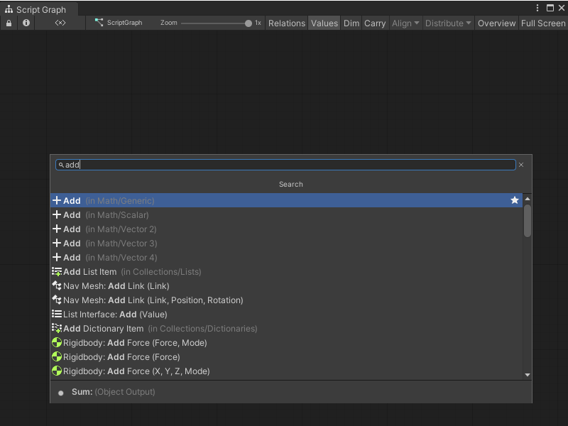 A screenshot of the Visual Scripting fuzzy finder, showing a search for an Add node and its 4 node overloads.