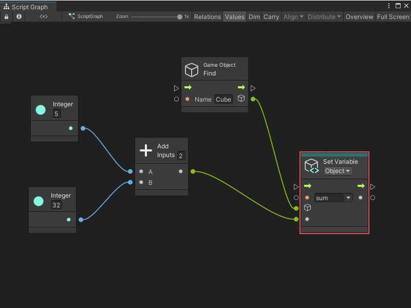 An image of the Visual Scripting Graph Editor, showing a new Set Variable node called "sum" with an assigned default value from an Add Inputs node. A Find GameObject node specifies the GameObject where "sum" should be set.